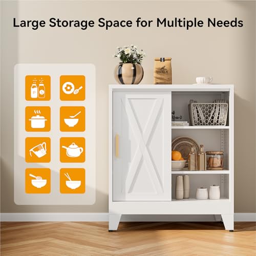 Image of COFaR White 37 inch H Sliding Door Storage Cabinet, Half Open Half Closed Design, 3-Tier Kitchen Organizer with Adjustable Shelves, 150 lbs Top, Metal Coffee Bar & Buffet Sideboard for Dining Room