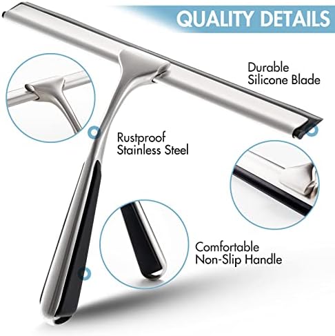 Amazon Brand - Umi Shower Squeegee for Shower Doors Stainless Steel Window Cleaning Squeegee 25cm with Suction Hook & Cleaning Cloth Shower Screen Squeegee for Bathroom, Mirror, Car Glass Screen Wiper