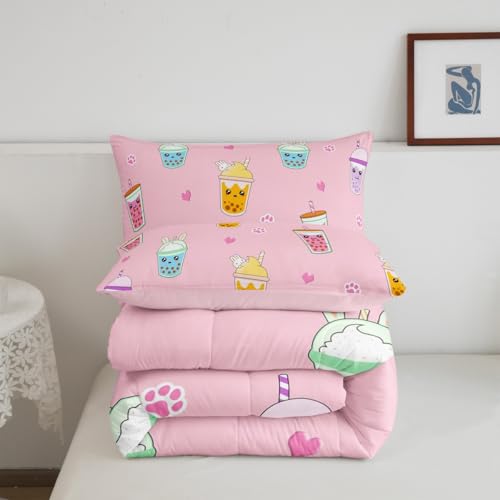 Image of Feelyou King Size Milk Tea Comforter Set - Cartoon Bubble Tea Bedding for Kids, Boys, Girls, Adults - 3Pcs Pearls Duvet Insert for Bedroom Decor