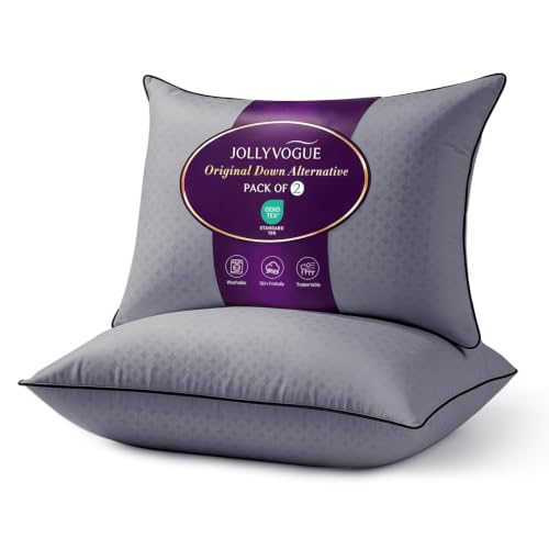JOLLYVOGUE Grey Pillows Queen Size Set of 2, Supportive Firm Bed Pillows with Oeko-Tex Certified Soft Down Alternative Fill, Fluffy Luxury Hotel Quality for Back, Stomach and Side Sleepers
