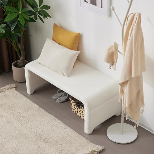 YDcosyfy 43.5in End of Bed Bench, Upholstered Entryway Bedrrom Bench Ottoman with Teddy Fabric Footrest Stools for Living Room Bedroom, Hallway,White