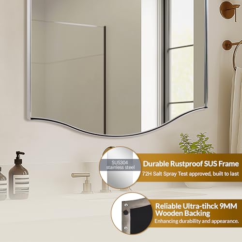 Image of ANDY STAR Rectangle Scalloped Mirror, 24 inchx40 inch Polished Chrome Bathroom Mirror in SUS304 Stainless Steel Metal Frame, Silver Vanity Mirror with Unique Arched Top Design
