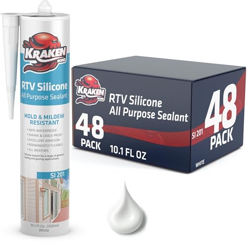 Kraken Bond White Silicone Sealant Waterproof%100-10 fl oz Cartridge - RTV Silicone Caulk Bathroom and Kitchen, All Purpose, Window Caulking Sealant Outdoor, RV, Exterior Use Silicon - 48 Pack