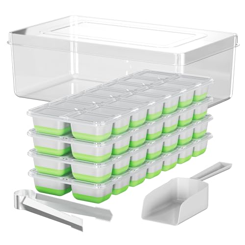 Image of Aisle 3 Essentials Pack of 4 Silicone Stackable Ice Cube Trays, Ice Cube Molds with Lids, Ice Cube Trays for Freezer, Includes Ice Storage Bin, Tongs, and Scooper, Green