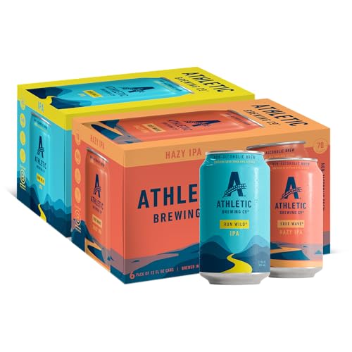 Athletic Brewing Company Craft Non Alcoholic Beer, Vegan IPA & Hazy IPA, Low Calorie Brews, 6 Run Wild, 6 Free Wave, 12 Pack, 12 FL Oz Cans