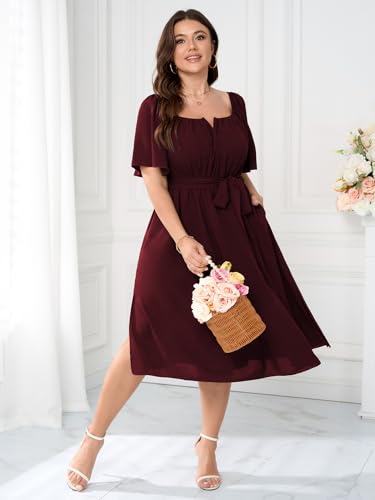 Image of Women Plus Size Cocktail Dress Short Sleeve Square Neck Belted Elegant Flowy A Line Midi Dresses with Pockets