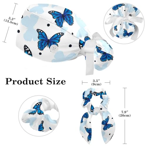 Image of Colored Butterflies Scrub Caps Women Ponytail, Adjustable Bouffant Surgical Caps with Button, Nurse Hats Long Hair