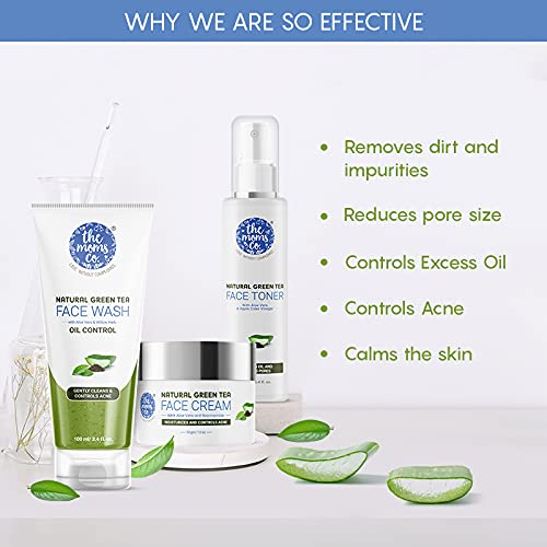 Image of The Moms Co. Oily Skin CTM Regime l Oil Free Look l Green Tea l Face Wash l Toner l Cream l Free Vanity Bag l Pack of 300 gms