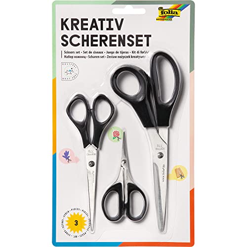 folia 778 - Kreativ Scheren Set, 3 Scheren in verschiedenen Größen, groß, mittel und filigran, mit schwarzem Griff, rostfreie Klinge, für Rechtshänder