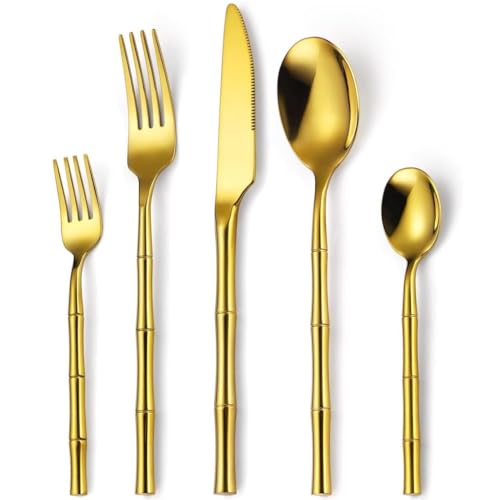 WPPLKPJUM 316 Stainless Steel Cutlery Set - 5/20/30/50 Pieces with Imitation Bamboo Handle Design - Rustproof Flatware for Home Dining (Gold, 6 Set)
