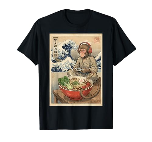 Monkey Cute Kawaii Japanese Gamer Funny Ramen Retro T-Shirt