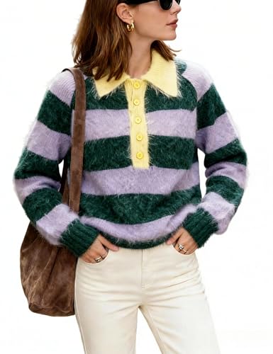 Majdan Women's Striped Polo Sweater V Neck Long Sleeve Ribbed