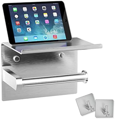 Tindbea Mega Size Toilet Paper Holder with Shelf + Towel Robe Hooks, Adhesive or Screw Wall Mounted Toilet Paper Roll Holder, Stainless Steel Bathroom Hardware Set (Brushed Nickel)