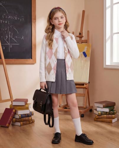 GRACE KARIN Girls Cream Cardigan Sweater Size 7 Button Argyle Knit School — view 2
