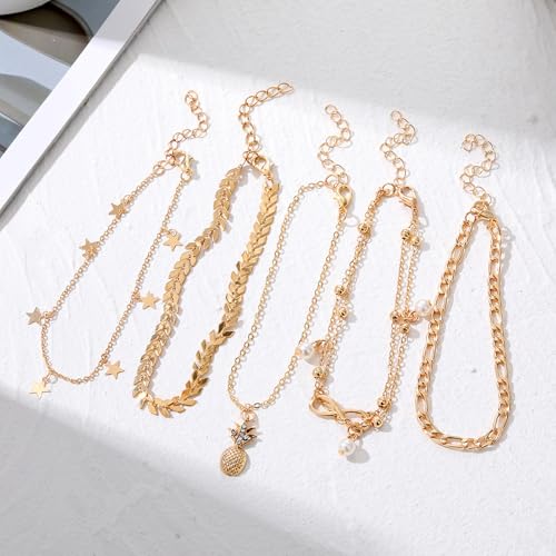 Image of Fesciory 14K Gold Plated Ankle Bracelets Sets For Women, Adjustable Layered Infinite Anklet, Summer Beach Butterfly Star Foot Chain Jewelry Gifts