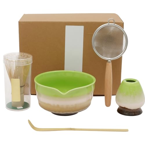 TNTGMG Lot de 5 bols à matcha en céramique avec bec verseur, capacité de 520 ml, bols mélangeurs traditionnels, fouets macha avec support, pelle, passoire, filtre en céramique pour une expérience