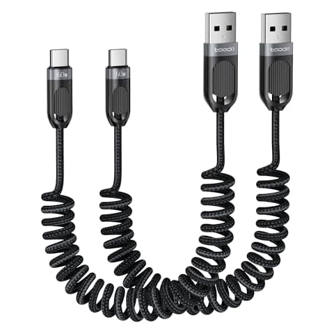 toocki Coiled USB A to USB C 2Pack 5FT Braided Retractable Fast Charging Cable for Car, Compatible with iPhone 16/15 Pro Max/Galaxy S24/S23/S22, Supports Car Play & Android Auto-Black Cover