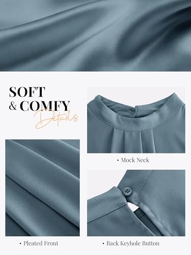 Funlingo Womens Tank Tops Silk Satin Sleeveless Camisole Dressy Casual Blouses Mock Neck Pleated Shirts Spring Office Work Wear Grey Blue L