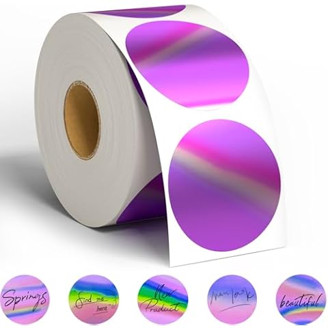 Holographic Thermal Label Roll,Purple Thermal Label,2"x2" Self Adhesive Printable Sticker,NefLaca Flash Printer Label for DIY Logo Design,Name Tag,QR Code,400 Labels per Roll(Holographic Round Style) Cover
