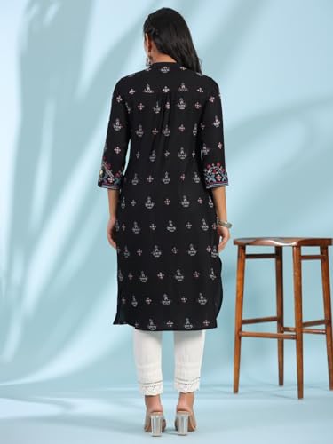 Image of Juniper Black Ethnic Motif Printed Rayon Calf Length Straight Kurta with Kaudis Kantha Work & Sequins