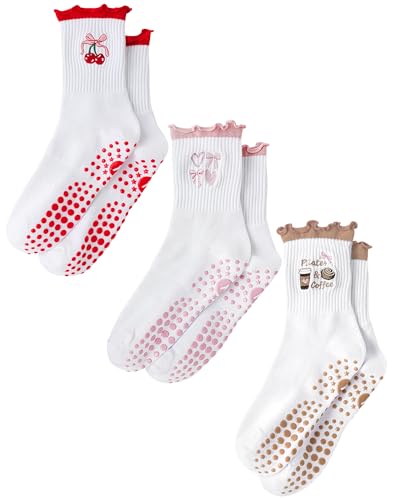 Image of Yawlsow Cute Pilates Grip Socks for Women Ruffle Frilly Yoga Socks Non Slip Cotton Crew Grippy Sock for Barre Workout