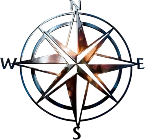 Nautical Compass Rose Metal Wall Art Decor Copper Bronzed Plated and Blue Marbled (24" x 24")