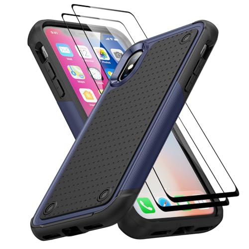 Image of Jeylly for iPhone X/Xs Case with [2 Pack] Tempered Glass Screen Protector, Heavy Duty Shockproof Slim Silicone Bumper Hard Plastic Back Hybrid Protective Phone Case for iPhone X/Xs, Blue/Black