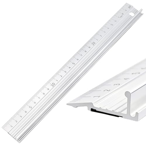 Long Metal Ruler 30cm White Aluminium Cutting Ruler with Raised Grip, Precision Straight Edge Tool, Non-Slip Safety Edge Tools for DIY Craft Precision Measurement