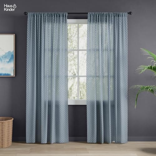 Image of haus & kinder Jacquard Sheer Door Curtains 7 Feet Long Pack of 2 Door Curtains, 7 Feet Curtains for Door, (Abstract Geometric Design, Silver Mesh, 114x213cm)