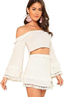 SheIn Women's 2 Piece Outfit Fringe Trim Crop Top Skirt Set Large White
