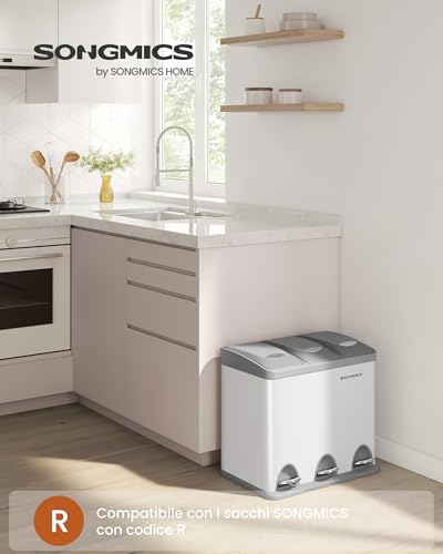 SONGMICS Cestino per Rifiuti da Cucina, 3 x 8 L Pattumiera Differenziata Piccolo Volume, Cestino Triplo in Acciaio, Pedali e Secchi Interni, Facile da Pulire, Bianco e Grigio LTB24WT - Immagine 1
