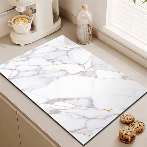 Highdi Alfombrilla Escurreplatos, Alfombrilla Fregadero Cocina, Secado de Platos Tapete Antideslizante para Mostrador de Cocina/Cafetera/Mesa de Comedor (50 * 60cm,patrón de mármol 1)