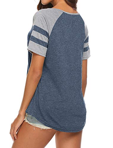 Locryz Womens Summer Raglan Short Sleeve Stripe Tee V Neck Blouses Baseball Tshirts Top (S, Blue) #TOP2