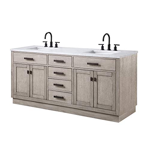 Water Creation | 72" Double Sink Vanity in Grey Oak | Rustic Freestanding Hardwood Bathroom Vanity with Sinks and Cabinet, Carrara Marble Counter Top, and Bronze Finish Handles | Chestnut Collection