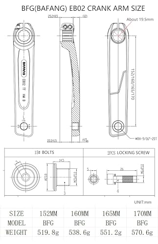 PROWHEEL Ebike BFG Crank Arm,152MM/160MM/165MM/170MM Forged Alloy 6061 T6 Electric Bicycle Crank Arm for BAFANG M800 M600 M510 M500 M420,Electric Bike,Motor Mid Mounted Motor