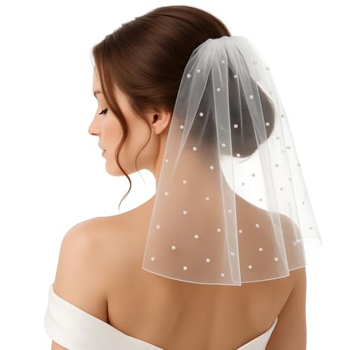 Psyqtsuary White Short Wedding Veil Short Bridal Veils Pearl Bride Veils Women's Shorts Vails with Pearl Bachelorette Party Veil Elegant Tulle Layer Vail for Brides and Women, 40cm/15.7