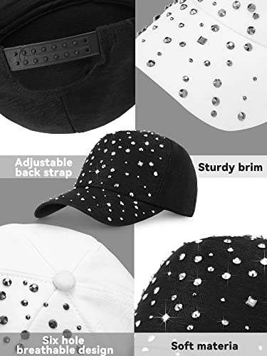 Loopeer 2 Pcs Adjustable Breathable Rhinestone Baseball Cap For Women Men Sequins Casual Sports Cap Rhinestone Hat(Black, White) #TOP2