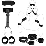 Manfukuya SMグッズ 手錠 手枷 首輪 人間 sm アイマスク付 プレイ グッズ M字開脚 拘束具 アダルトグッズ 女性 拘束グッズ グッズ女子用 大人のおもちゃ 束縛具 コスプレ 男 男性向け リード付き 調節可能 ブラック
