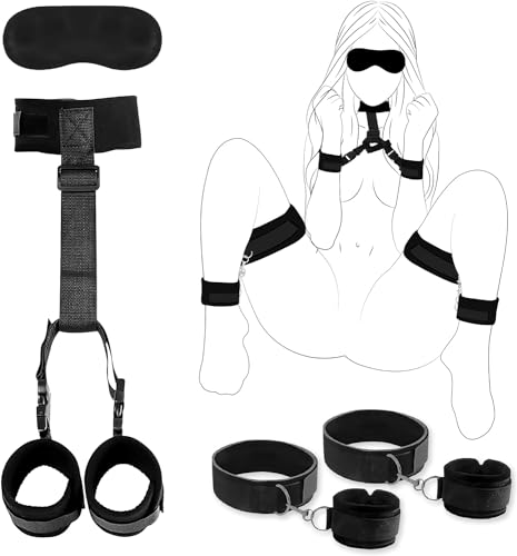 Manfukuya SMグッズ 手錠 手枷 首輪 人間 sm アイマスク付 プレイ グッズ M字開脚 拘束具 アダルトグッズ 女性 拘束グッズ グッズ女子用 大人のおもちゃ 束縛具 コスプレ 男 男性向け リード付き 調節可能 ブラック - 画像1