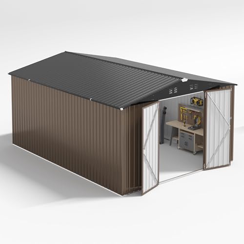 Image of AirWire 10x14 FT Outdoor Storage Shed, Large Garden Shed with Updated Frame Structure and Lockable Doors, Metal Tool Sheds for Backyard Garden Patio Lawn, Brown