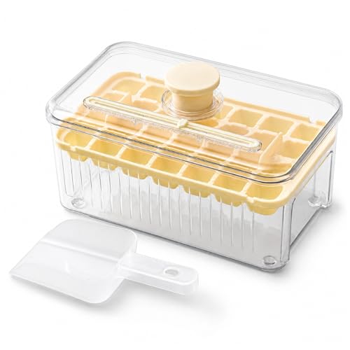 28-grid Ice Cube Tray With Storage Bin, Press-to-release Stackable Ice Tray For Freezer With Leak-proof Lid And Shovel, Light Yellow.