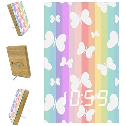 EZIOLY Rainbow Butterflies Digital Alarm Clock Display Time Temperature Date LED Wood Resin USB/Battery Powered Sound Control Supply Energy Saving for Bedroom Office Cover