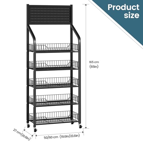 POIUNA 65" 5 Tier Snack Rack Display Stand with Hooks & Wheels, Metal Retail Display Shelf for Chips, Snacks, Candy, Metal Snack Shelf for Store Home Kitchen Store Organizer (50cm-black) by POIUNA - Image 2