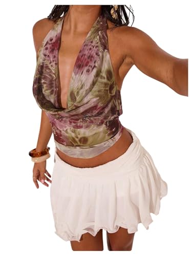 MAKEMECHIC Women's Y2k Sheer Mesh Halter Tops Cowl Neck Backless Tops