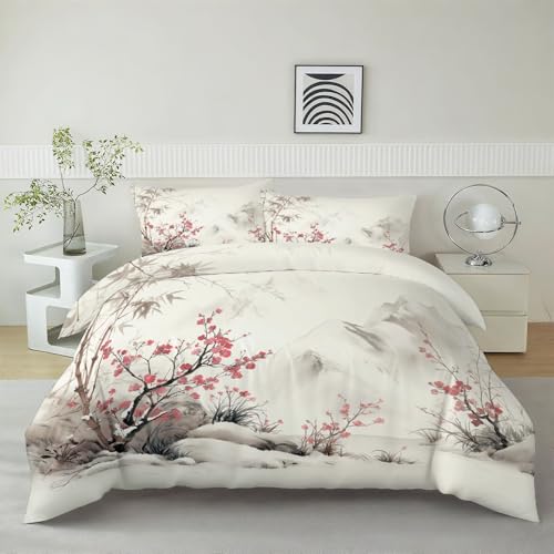 Générique Housse de Couette Réversibles Bambou Traditionnel Chinois Lavis d'encre, Parure de Lit Oriental avec 2 Taies d'oreiller - Housse de Couette 2 Personne pour Adultes Enfants, 200 x 200 cm