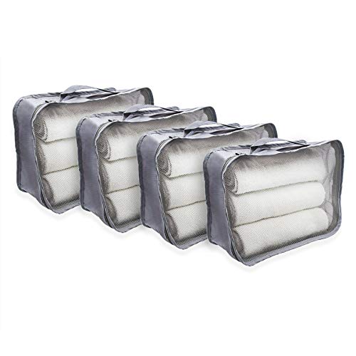 Rolling Nomad Large Multi-Purpose Packing Cubes, Travel Accessory, Essentials, Suitcase, Cloth, Expandable Mesh, Sheet Compression Bags, 4 Pack, Grey