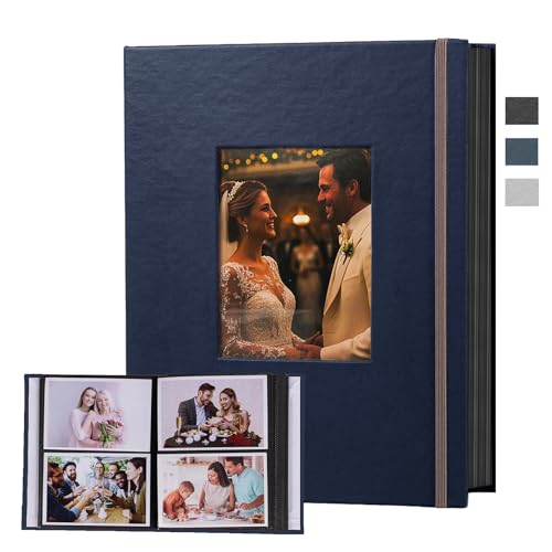 Photo Albums 6x4, 200 Photos Slip In, Customizable Cover, Leather-Hardcover, Picture Albums with ties for Wedding Albums, Anniversary, Family Photo Books Baby Albums and Travel Memories(Blue)