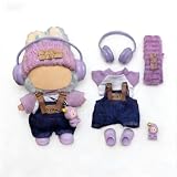 Conjunto de Ropa Streetwear Bonita de 17 cm para Muñeca for Labubu, Outfit de Moda Morado/Amarillo/Verde con Auriculares, Gorro, Peto de Vaquero y Zapatos (No Doll ) (Style 3)