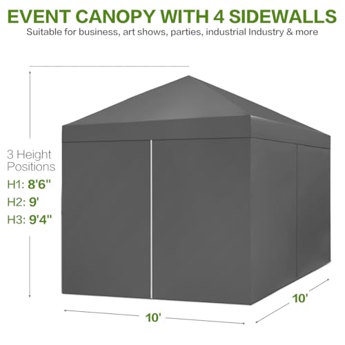 Tunbne 10X10 Comercial Pop Up Canopy Tent with 4 Sidewalls and 6 Pockets, One Push Setup Center Lock, for Beach Patio Outdoor, Case, 8 Stakes, 4 Ropes, 4 Sandbags (Charcoal Grey) by Tunbne - Image 2