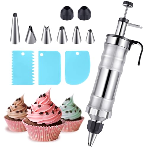 Tortenspritze Garnierspritze Edelstahl Set: Sahnespritze 400ml Krapfenspritze mit 6 Tüllen für Gebäck Kuchen Torten Cupcake Dekorieren Ersatz für Spritzbeutel (Silber)